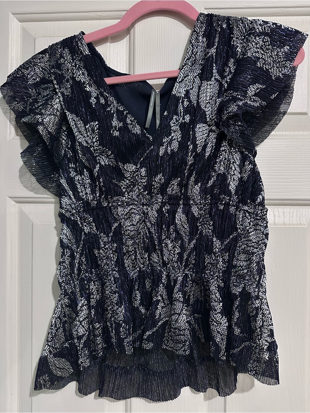 Anthropologie Navy and Silver Floral Pleated V-Neck Blouse